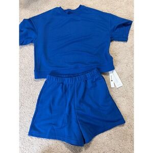 FISOEW Womens Royal Blue 2 Piece Lounge Set Short Sleeve Sweatshirt Shorts S NEW